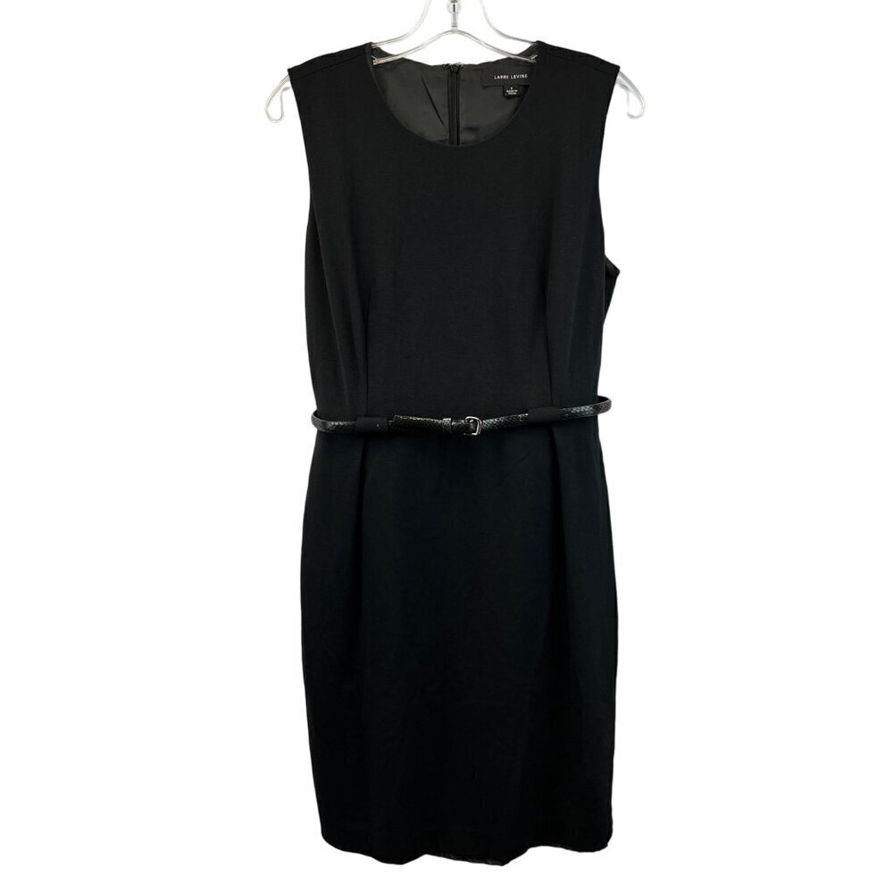 Larry Levine Womens Sleeveless Belted Black Sheath Dress Back Slit Sz 8 Zip